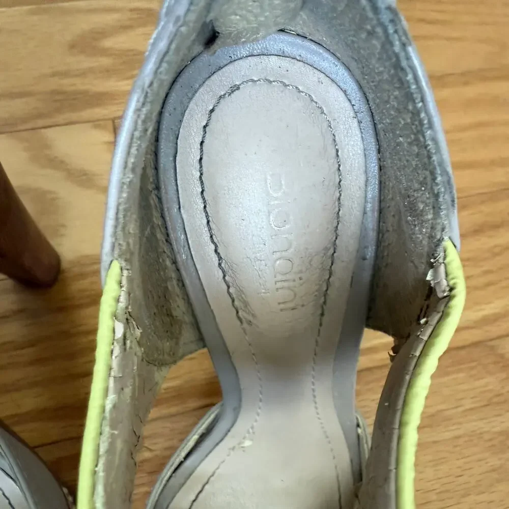 Biondini  sz‎ 6 Gray Yellow Sandals Open Toe Leather Ankle Strap platform heels